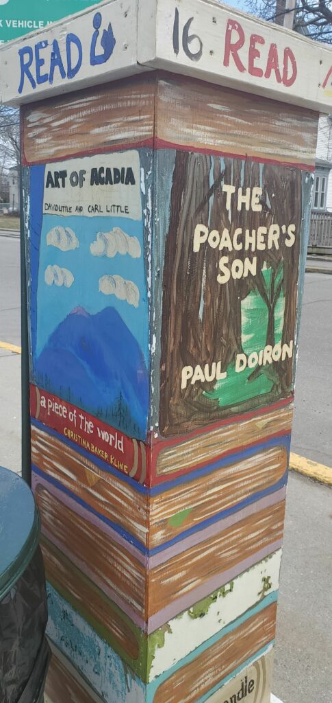 Photos of various painted boxes surrounding parking kiosk machines in downtown Bar Harbor, Maine.  All within walking distance of the Saltair Inn Waterfront Bed and Breakfast