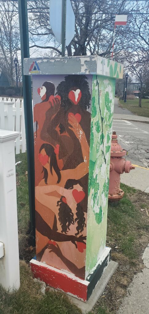 Photos of various painted boxes surrounding parking kiosk machines in downtown Bar Harbor, Maine.  All within walking distance of the Saltair Inn Waterfront Bed and Breakfast
