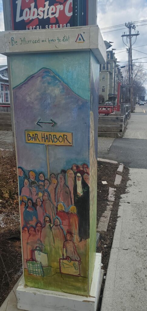 Photos of various painted boxes surrounding parking kiosk machines in downtown Bar Harbor, Maine.  All within walking distance of the Saltair Inn Waterfront Bed and Breakfast