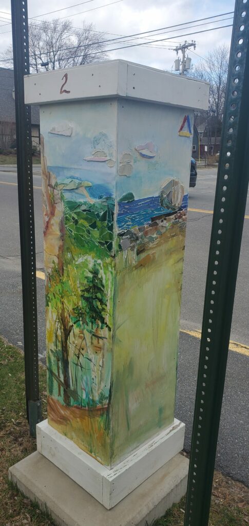 Photos of various painted boxes surrounding parking kiosk machines in downtown Bar Harbor, Maine.  All within walking distance of the Saltair Inn Waterfront Bed and Breakfast